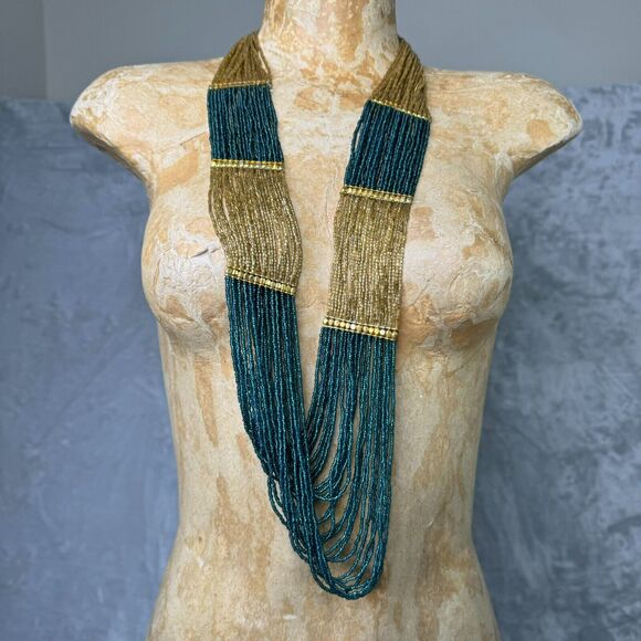 Vintage Beaded Necklace 26 Strands Gold Green Boho Tribal - Picture 1 of 3